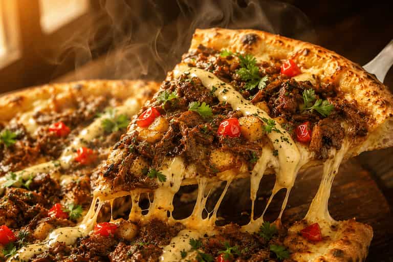 Fatia de pizza artesanal da Engenharia da Pizza com queijo derretendo e vapor